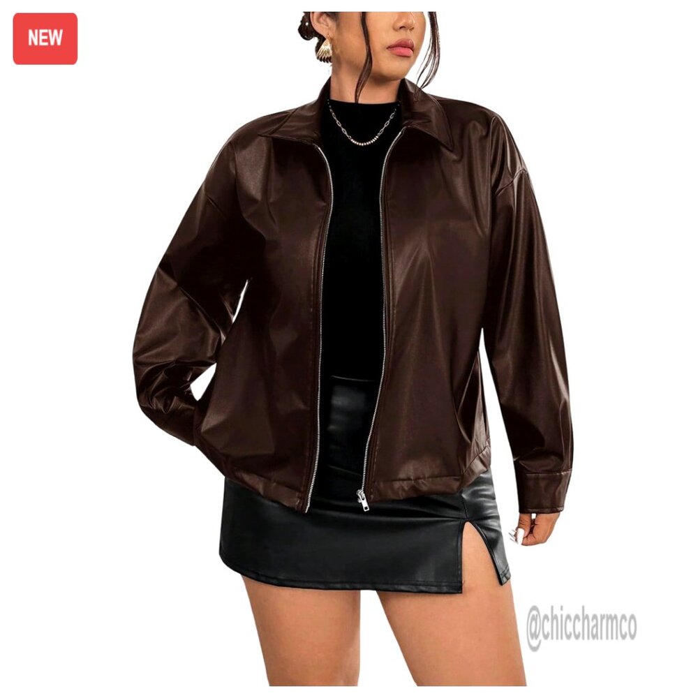 Plus Size PU Leather Motorcycle Jacket Long Sleeve Zip Up Streetwear